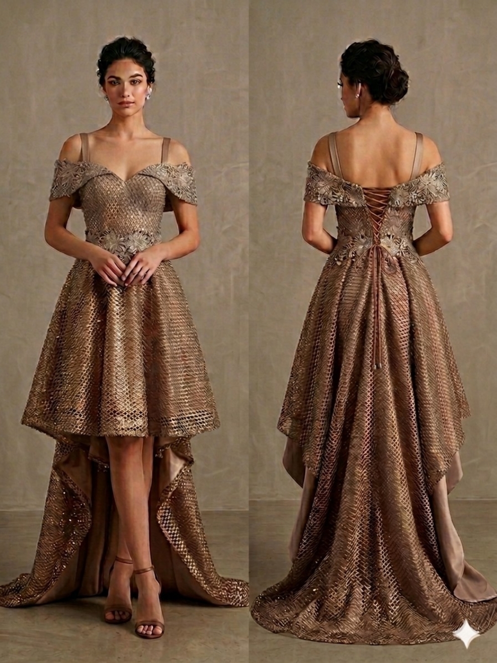 Off-Shoulder Metallic Bronze High-Low Cocktail Dress